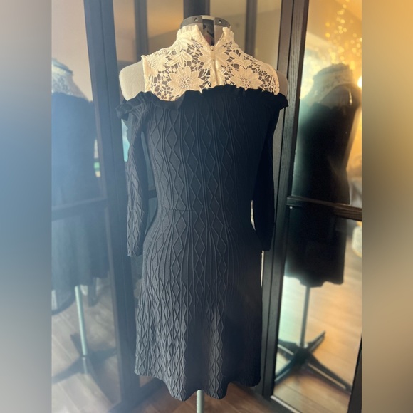 The Kooples lace collar compression knit romantic cold shoulder mini dress - Picture 3 of 16